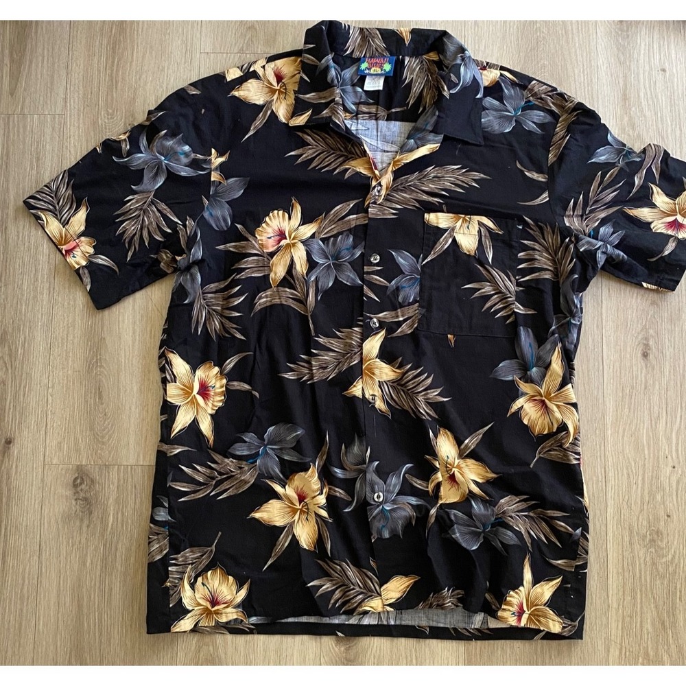 Vintage Hawaii Blues Mens XL Hawaiian Shirt Black Floral 100% Cotton Aloha USA